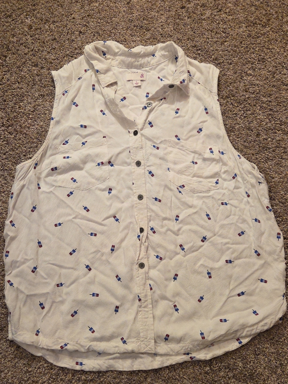 Sleeveless Button-Front White Popscicle Print Top Size Large